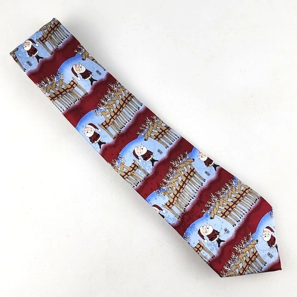 Jingle Bells Men’s  Novelty Fun Christmas Tie Santa Reindeers Blue Red 100% Silk - Picture 8 of 8